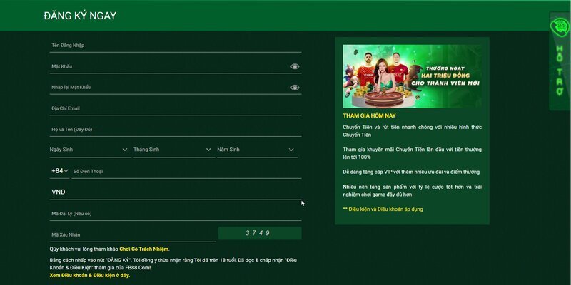 Giao diện đăng ký cực bì bắt mắt tại cổng game fb88